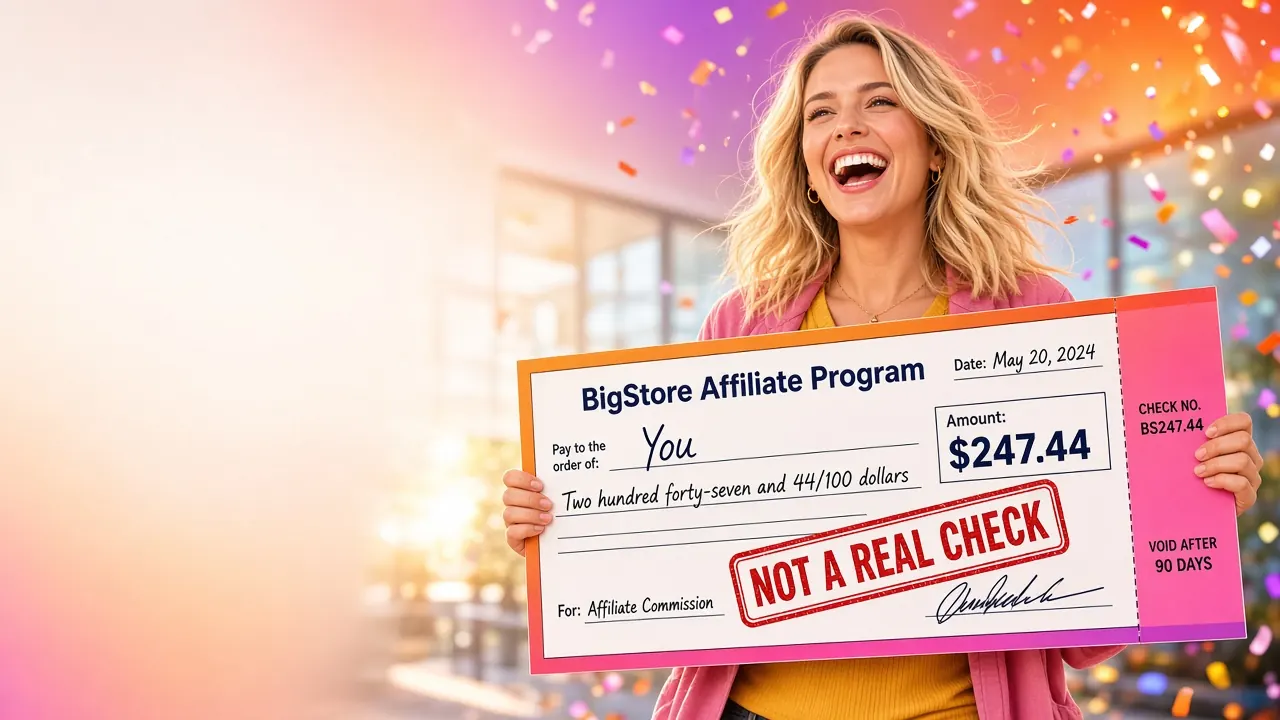 Smiling woman holding up an oversized sample check stamped NOT A REAL CHECK, with confetti in the air